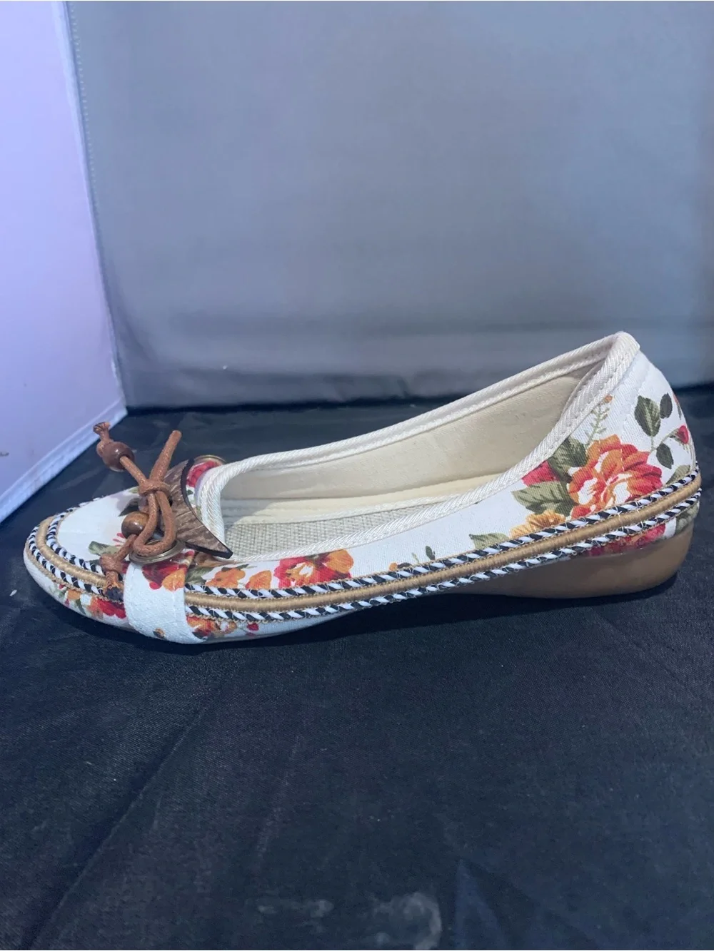 Floral Canvas Slip-On Flats with Brown Bow Detail - White Floral